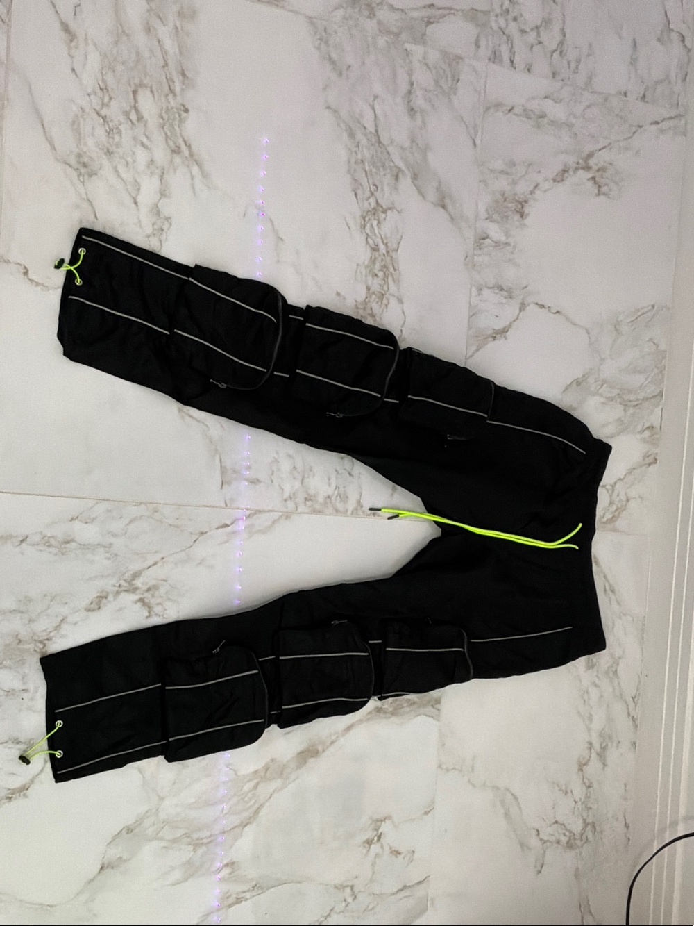 Men's Black Cargo Pants with Neon Drawstring